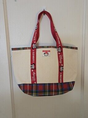 Old Navy Cream Canvas Tote with Red Disney Straps and Multicolor Plaid Trim